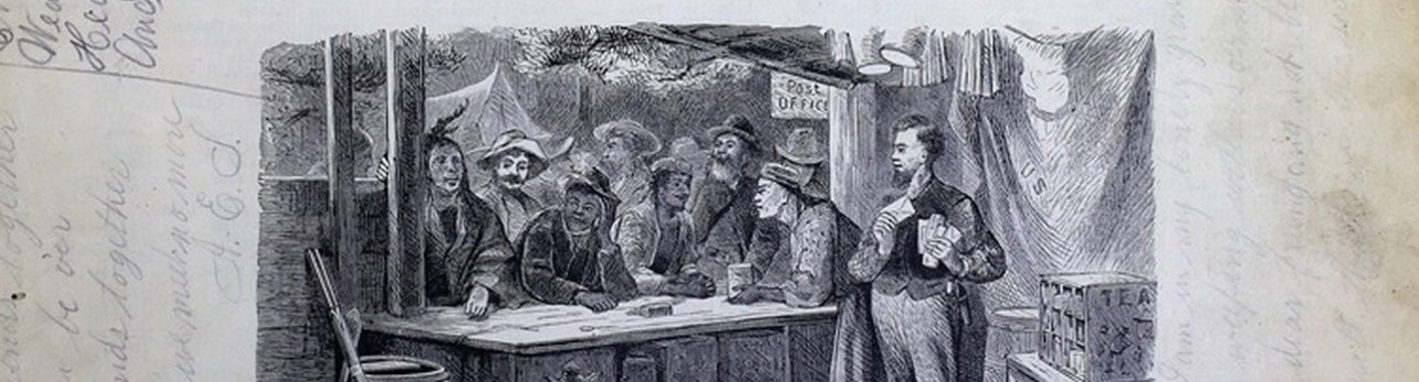 An engraving of Americans and Indians at a post office in the 1800s 