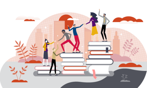 Graphic of people helping each other up a pile of books