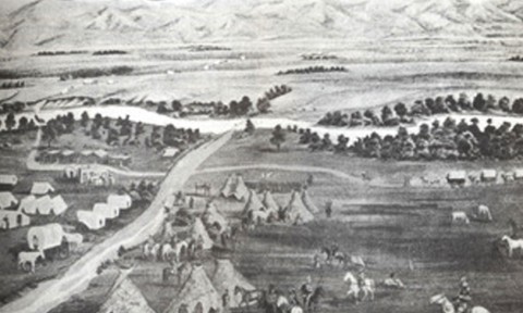 Early sketch drawing of Auraria campsite along Cherry Creek. Image Source: Courtesy of Jerome Smiley, History of Denver, Rebecca Hunt Collection Sketch drawing of early Auraria, camp site for Native Americans.