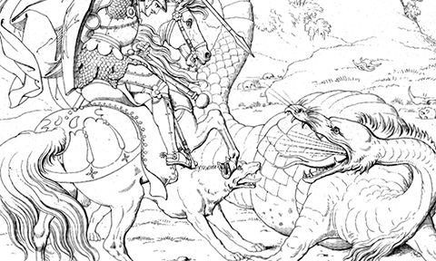 Excerpt page from "A Coloring Book with Dragons" book. Image Source: Auraria Library Digital Collections Outlined image of dragon fighting medieval knight on horseback.