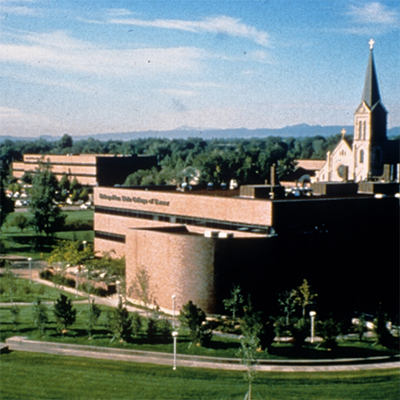 view of Metropolitan State College of Denver science building from across Cherry Creek