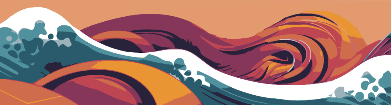 Abstract artwork depicting stylized ocean waves in teal, white, and purple against an orange backdrop. The dynamic scene conveys motion and energy.