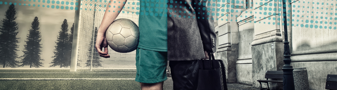 Split image: left, a soccer player in green holding a ball, with a goal and trees in the background; right, a businessperson in a suit holding a briefcase by a building.