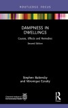Alt text: Book cover titled "Dampness in Dwellings: Causes, Effects, and Remedies, Second Edition." Features a black background, a colorful horizontal stripe at the top, and logos for Routledge Focus and the Chartered Institute of Environmental Health. Authors: Stephen Battersby and Véronique Ezratty.