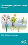 Cover of "Mindfulness for Musicians" shows a person and a dog under a tree. Thought bubbles depict musical symbols for person, peace for the dog. Calm tone.