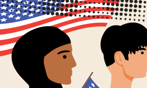 Illustration of four diverse individuals in profile, each holding a U.S. flag. Background shows more flags, conveying unity and diversity.