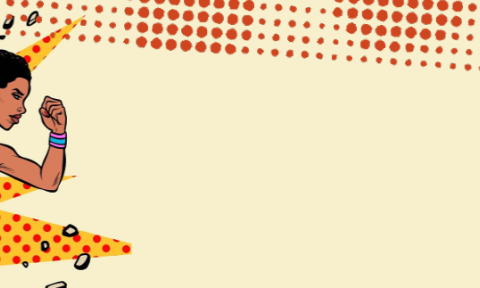 Comic-style image of a determined woman running through a wall, wearing a colorful superhero outfit, with a dynamic explosion of dots and colors.