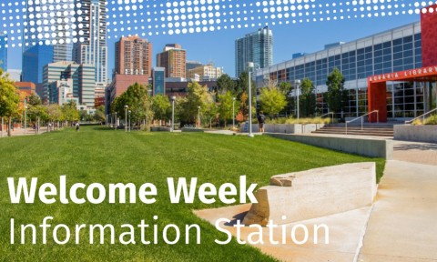 Welcome Week banner image. Campus image with green lawn and downtown building