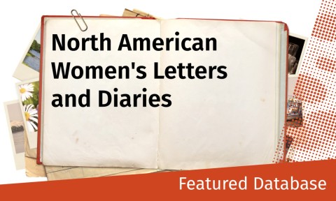 Open book with “North American Women's Letters and Diaries” text. Surrounding it are scattered old photos. Red dotted design accents the lower right.
