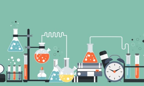 llustration of a science laboratory setup, featuring various laboratory equipment such as flasks, test tubes, beakers, a Bunsen burner, and a microscope. Several books are stacked, and scientific experiments are shown with liquids in different colors, creating bubbles. A clock and some chemical apparatus are also visible, set against a green background