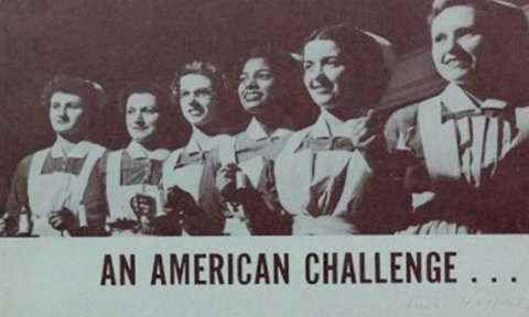  Photo of female nurses, mid-20th century, four Caucasian and one black, captioned An American Challenge