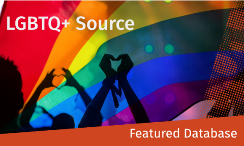 LGBTQ+ Source promotional banner with rainbow flag background, hands forming heart shapes, and text reading “Featured Database.”.
