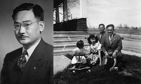 Left: Black and white portrait photo of Minoru Yasui. Right: Black and white photo of Yasui and his family in front of their Denver home. 