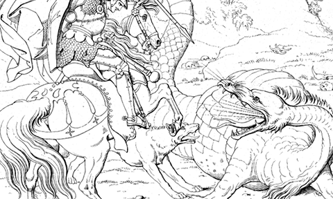 Outlined image of dragon fighting medieval knight on horseback. 
