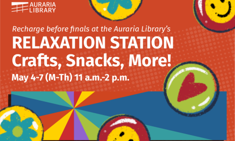 Red flyer for Auraria Library's Relaxation Station event. Features colorful buttons with smiley faces, hearts, and flowers. Includes event details.