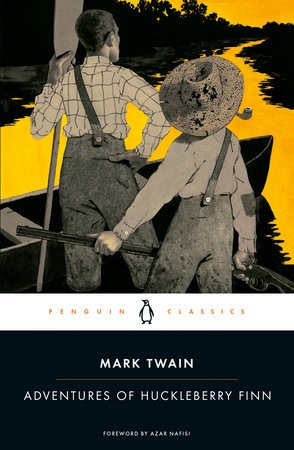 Cover of "Adventures of Huckleberry Finn" by Mark Twain, featuring two boys in a rowboat against a yellow background.