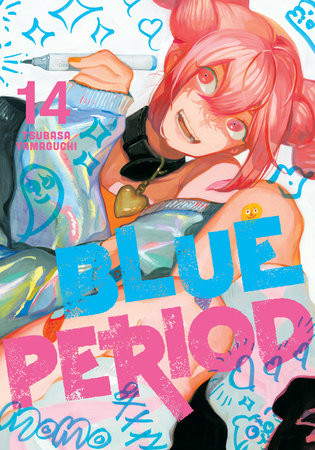 A colorful manga cover featuring a character with pink hair and a playful expression, holding a pen. The title "BLUE PERIOD" and the volume number "14" are prominently displayed.
