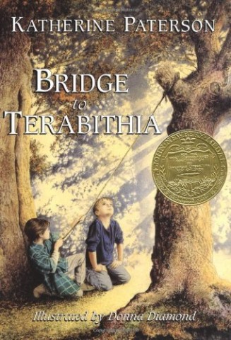 Cover of "Bridge to Terabithia" by Katherine Paterson, featuring a whimsical landscape and two children exploring their imagination.