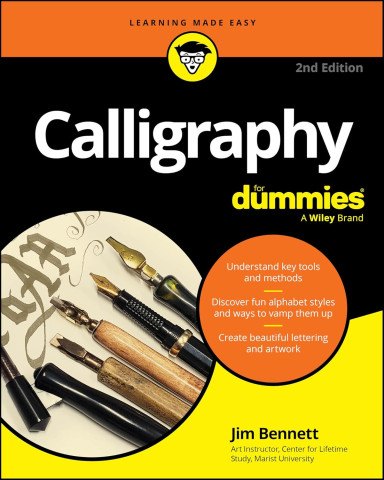 "Calligraphy for Dummies" book cover featuring writing tools, calligraphy strokes, and a sidebar with tips on tools and lettering styles.