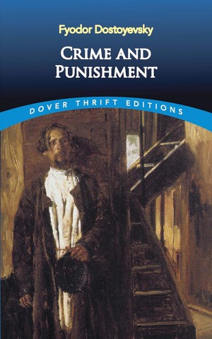 Cover of "Crime and Punishment" by Fyodor Dostoevsky featuring a figure in a long coat near a staircase, against a dark, moody background.
