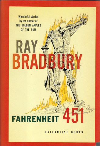 Vintage red-and-cream cover of Ray Bradbury’s *Fahrenheit 451*, showing a book-covered figure amid flames; bold lettering evokes a stark, dramatic mood.