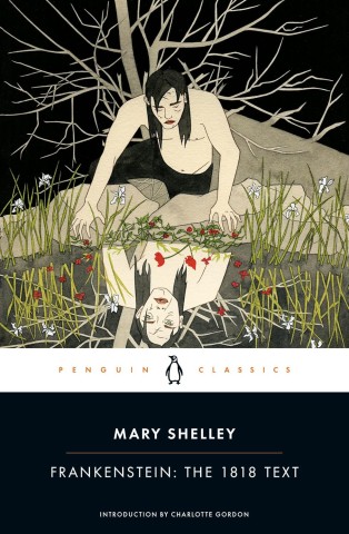 Illustration for Mary Shelley's "Frankenstein," depicting a figure gazing into a pond surrounded by flowers and dark, tangled branches.