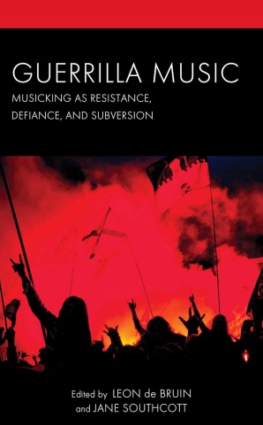 Cover of Guerrilla Music featuring striking red and black flags, symbolizing rebellion and artistic expression.