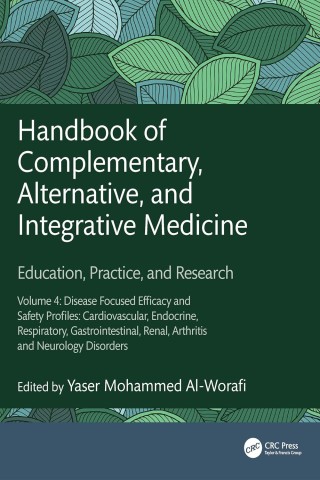 The book cover features the title "Handbook of Complementary, Alternative, and Integrative Medicine" on a dark green background with leaf patterns.