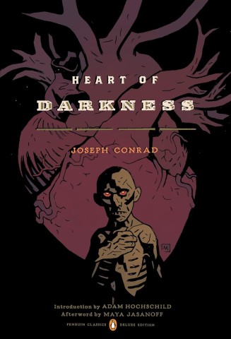 Cover of Joseph Conrad's "Heart of Darkness," featuring a skeletal figure against a dark, abstract background, symbolizing themes of despair and darkness.