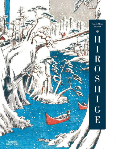 Snowy landscape by Hiroshige, with a blue river winding through snow-covered trees. A man in a red boat paddles, evoking tranquility.
