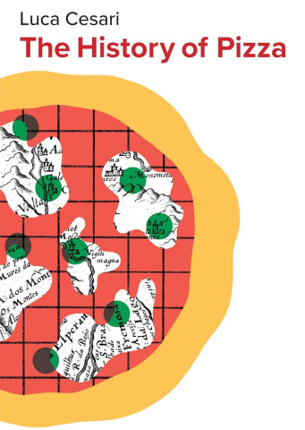 Cover of "The History of Pizza" by Luca Cesari. It features a stylized pizza with a red grid, white landmasses, and green dots resembling historical maps.