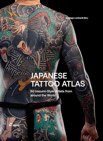 Upper body of a person covered in vibrant Japanese-style tattoos featuring traditional figures and a snake. Text reads "Japanese Tattoo Atlas." Bold and artistic tone.