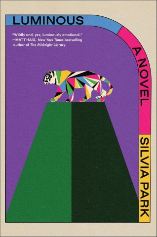 Colorful book cover titled "Luminous" by Silvia Park featuring a geometric tiger on a green hill with a purple background.