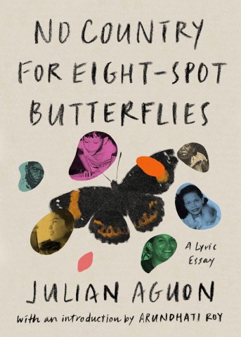 Cover of "No Country for Eight-Spot Butterflies" by Julian Aguon, featuring a dark butterfly with spots and colorful human face cut-outs in the background.