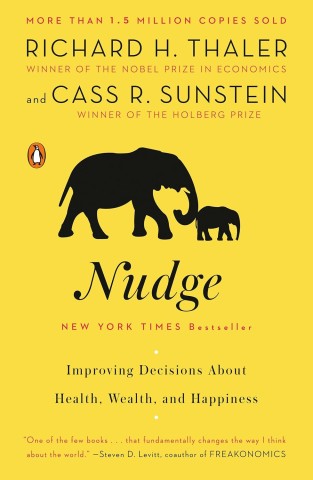 Cover of "Nudge" featuring a group of elephants and a baby elephant, symbolizing guidance and decision-making