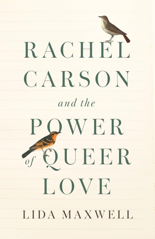 Rachel Carson surrounded by symbols of queer love, embodying strength and connection in nature's embrace.