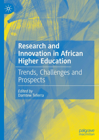 Cover of "Research and Innovation in African Higher Education" against abstract yellow and blue background. Title conveys focus on trends and challenges.