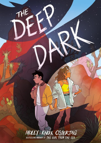 "The Deep Dark" book cover: Two characters, a teenage boy and girl, hold hands in a desert landscape at dusk, beneath a starry sky and bold title.