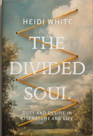 Cover of "The Divided Soul" by Heidi White, featuring a sky with clouds and trees. An orange zigzag pattern overlays the text, adding dynamic contrast.