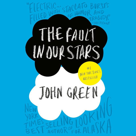 Cover of "The Fault in Our Stars" by John Green. Blue background with black and white cloud shapes displaying title and author. Emotional and striking.