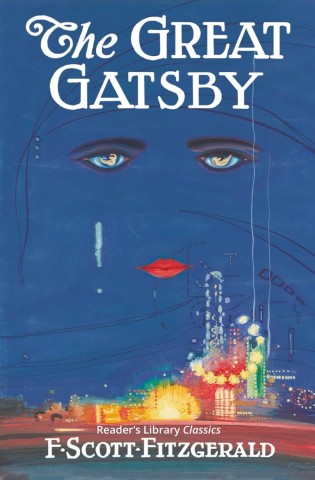 Cover of "The Great Gatsby" featuring abstract blue face with striking eyes and red lips, illuminated city lights at the bottom.