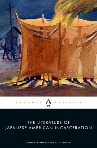 Illustration of shadowy figures behind a tent, with a building and fire in the background, depicting Japanese American incarceration. Somber and poignant tone.