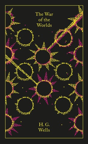 Cover of "The War of the Worlds" by H.G. Wells, featuring vibrant yellow and pink dot patterns on a black background.