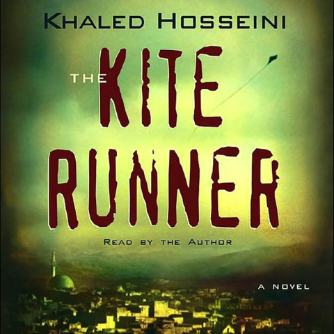 Audiobook cover for Khaled Hosseini’s *The Kite Runner*, with bold red lettering against a hazy green sky above a dark, glowing cityscape; somber and suspenseful.