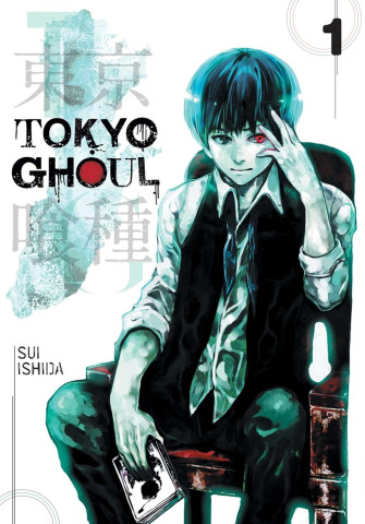 Cover of "Tokyo Ghoul" manga, featuring a seated character with a sensitive expression, black vest, and red eye. Art by Sui Ishida.