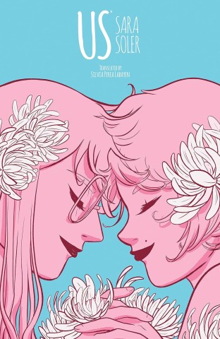 Two pink-toned women face each other, smiling gently with closed eyes, holding white flowers. The background is blue. The image conveys tenderness and connection.