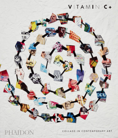 Colorful collage pieces arranged in a spiral pattern on a textured white background. The words "Vitamin C+" and "Collage in Contemporary Art" are visible.