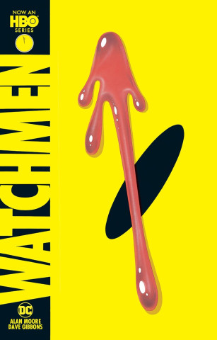 Bright yellow HBO *Watchmen* poster featuring a glossy red, blood-like smear over a black shadow, with vertical title text and DC creator credits; stark, ominous tone.