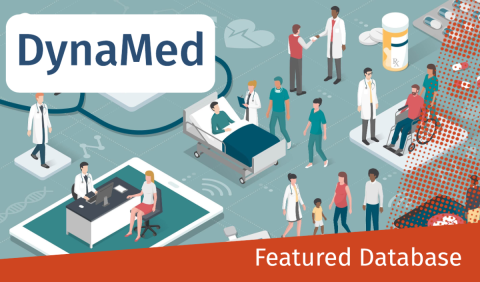 Illustration of diverse medical staff and patients in a healthcare setting with a 'DynaMed' logo. Includes doctors, a patient in bed, a person in a wheelchair, and a family. The bottom features 'Featured Database' text on a red banner.