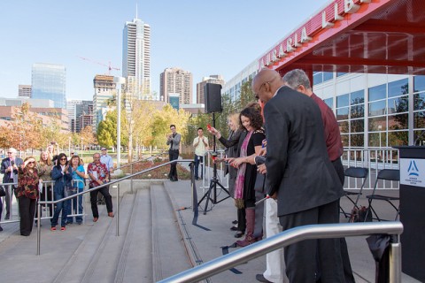 Auraria Library ribbon cutting ceremony at the front entrance